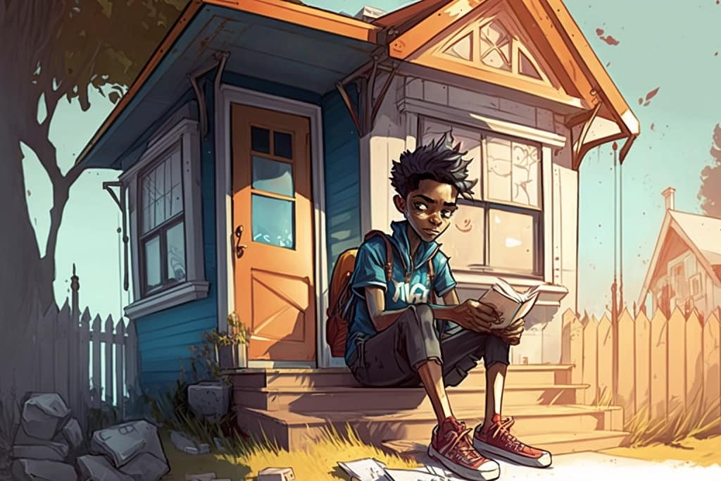 Student reading a book sitting outside a house